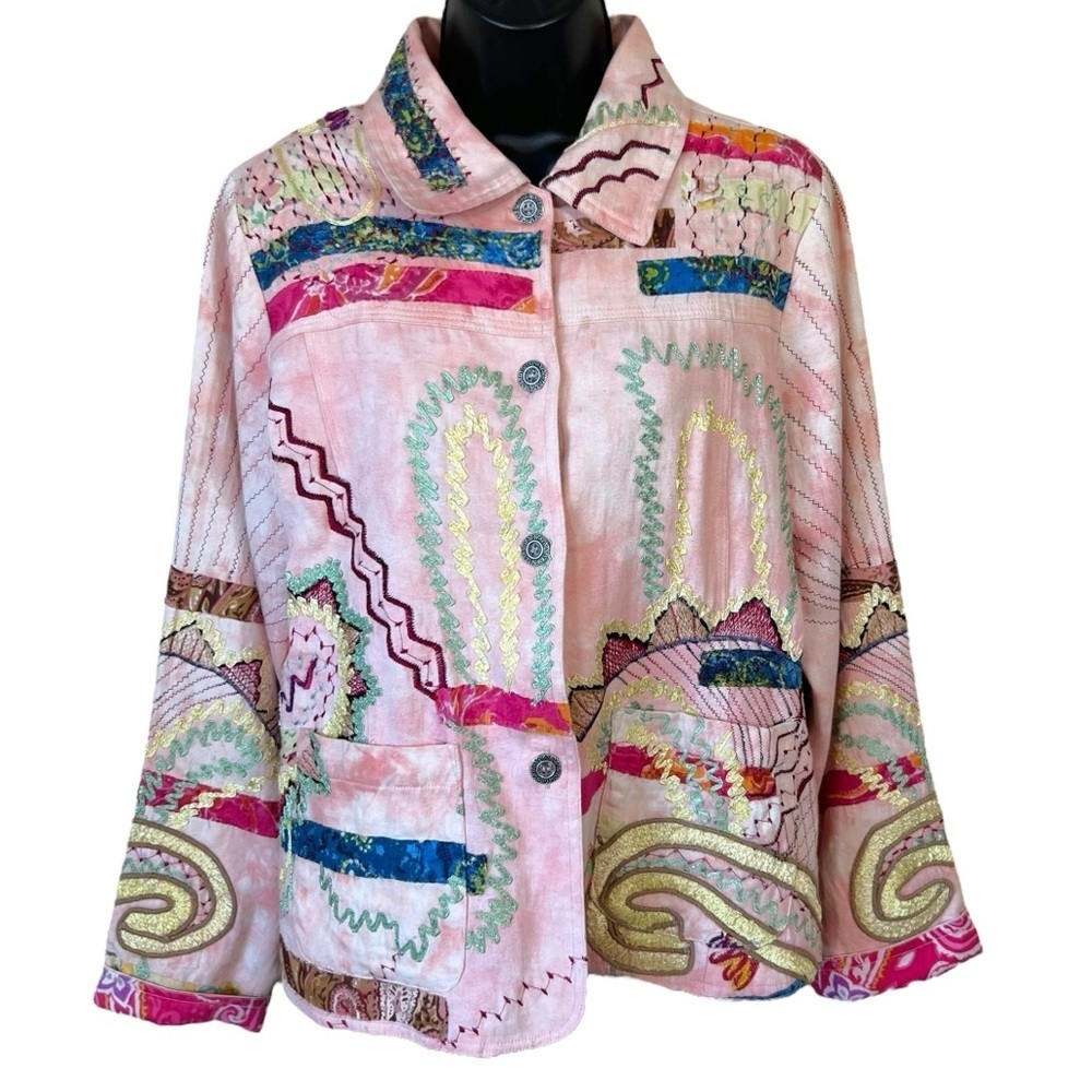 Parsley & Sage Pink Embroidered Patchwork Button Front Jacket